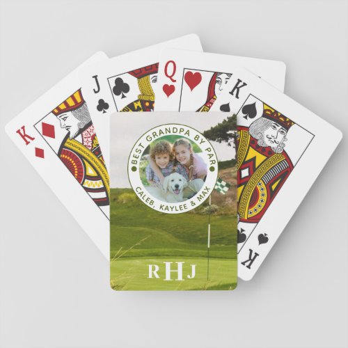 BEST GRANDPA BY PAR Golf Photo Monogram Playing Cards - For the special golf-enthusiast grandfather, create a unique custom and personalized deck of playing cards featuring a family photo under an editable title BEST GRANDPA BY PAR and other custom text like a personal message or names and personalized with his monogram against a photo of a golf course and green that can be replaced by your own photo. ASSISTANCE:  For help with design modification or personalization, color change, resizing or transferring the design to another product, contact the designer BEFORE ORDERING via the Zazzle Chat MESSAGE tab below or email makeitaboutyoustore@gmail.com.