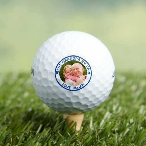 BEST GRANDPA BY PAR Photo Blue Personalized Golf Balls - For the special golf-enthusiast grandfather, create a unique photo golf ball with the editable title BEST GRANDPA BY PAR and your text in your choice of color (the sample shows blue). PHOTO TIP:  Choose a photo with the subject in the middle and/or pre-crop it to a square shape BEFORE uploading and use the CHANGE tab in the PERSONALIZE section. HELP:  For assistance with design modification/personalization or transferring the design to another product, contact the designer BEFORE ORDERING via Zazzle Chat or makeitaboutyoustore@gmail.com.