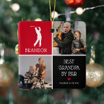 Best Grandpa by Par Photo Collage Christmas Ceramic Ornament<br><div class="desc">Surprise your golf pro Grandpa this Christmas with this cute photo keepsake ornament. Simply add 2 (two) custom pictures to this design from either your phone or computer. The design features a modern white golfer illustration personalized with their name underneath on a colored block, the sweet pun that reads 'Best...</div>