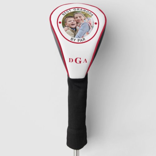 BEST GRANDPA BY PAR Photo Monogram Red Golf Head Cover - For the special golf-enthusiast grandfather, create a unique photo golf head cover with the editable title BEST GRANDPA BY PAR and personalized with a photo and his monogram in an editable red color and suggested red piping you can change on the order preference page. PHOTO TIP:  Choose a photo with the subject in the middle and/or pre-crop it to a square shape BEFORE uploading. ASSISTANCE:  For help with design modification/personalization, color change, transferring the design to another product or if you would like coordinating items, contact the designer BEFORE ORDERING via Zazzle Chat or makeitaboutyoustore@gmail.com.