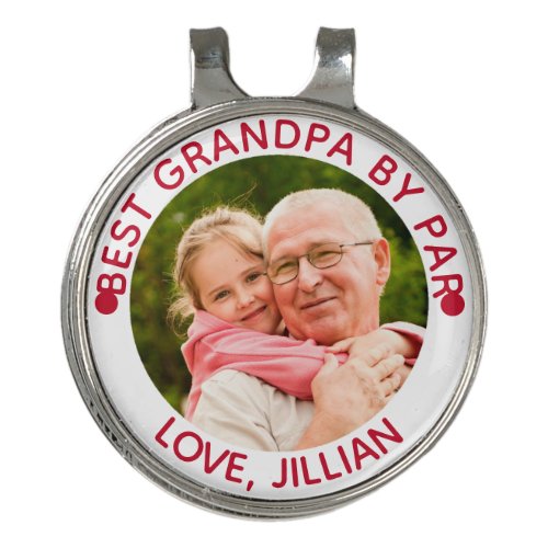 BEST GRANDPA BY PAR Photo Personalized red Golf Hat Clip - Create a personalized photo red golf hat clip with the suggested editable title BEST GRANDPA BY PAR and your custom text beneath. PHOTO TIP:  For fastest/best results, choose a photo with the subject in the middle and/or pre-crop it to a square shape BEFORE uploading. Contact the designer via Zazzle Chat or makeitaboutyoustore@gmail.com if you'd like this design modified or on another product.