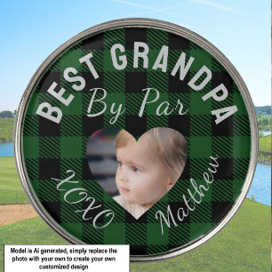 Best Grandpa Custom Kids Photo Green Buffalo Plaid Golf Ball Marker