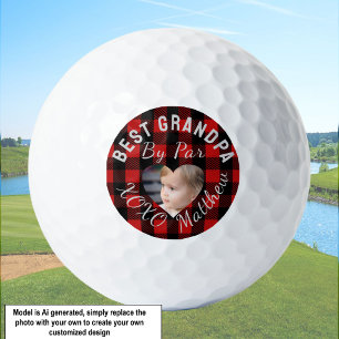 Best Grandpa Custom Kids Photo Red Buffalo Plaid Golf Balls