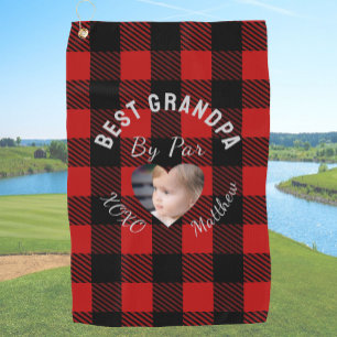 Best Grandpa Custom Kids Photo Red Buffalo Plaid Golf Towel