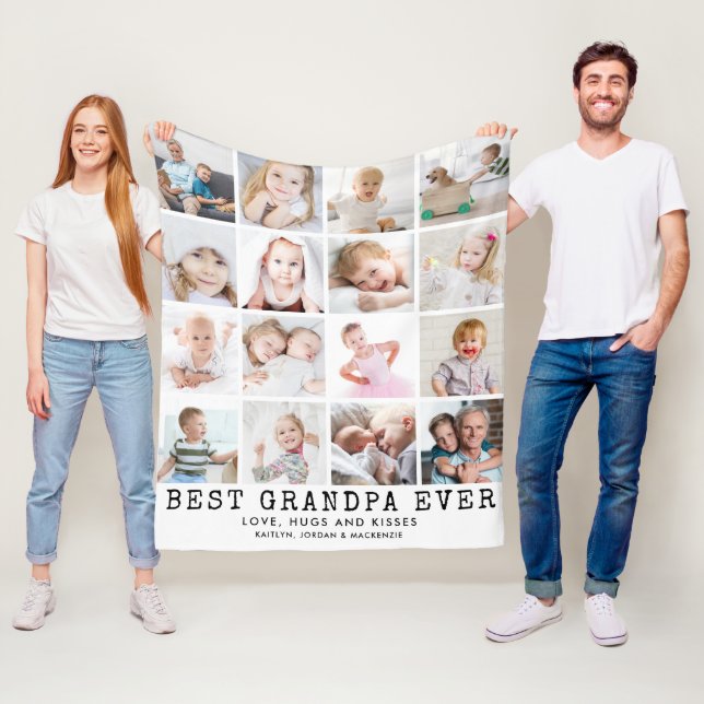 BEST GRANDPA EVER 16 Photo Collage White Fleece Blanket (In Situ)