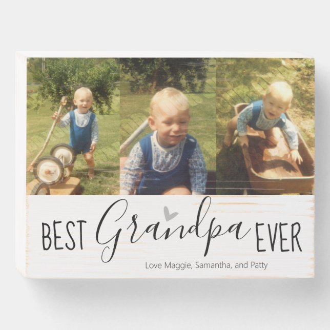 Best Grandpa Ever 3 Photo Collage White Wooden Box Sign (Front Horizontal)