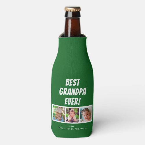 Best Grandpa Ever 3 Photos on Green Bottle Cooler