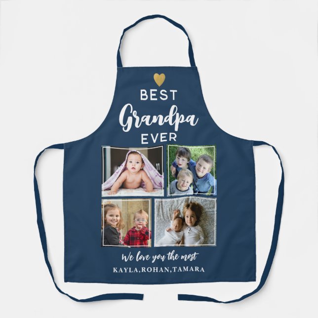 Best Grandpa Ever 4 Photo Collage Gold Navy Blue Apron (Front)