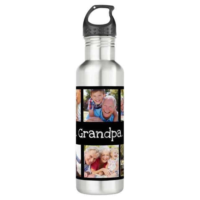 Best Grandpa Ever 6 Photo Collage Black and White Stainless Steel Water Bottle (Front)