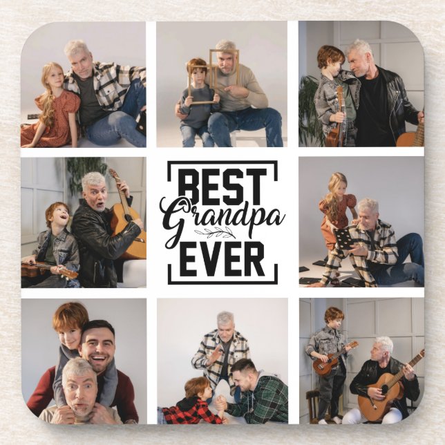 Best Grandpa Ever 8 Photo Collage  Beverage Coaster (Front)