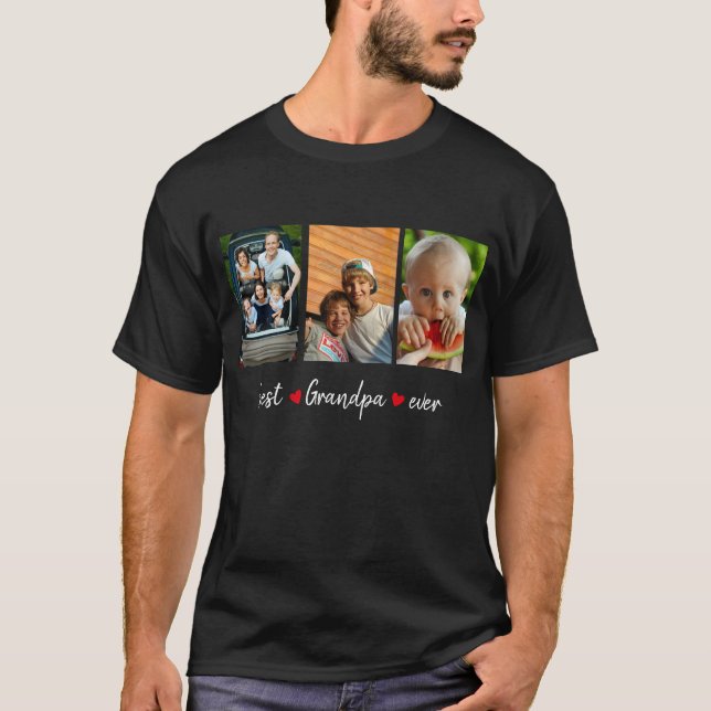 Best Grandpa Ever Black 3 Photo Custom T-Shirt (Front)