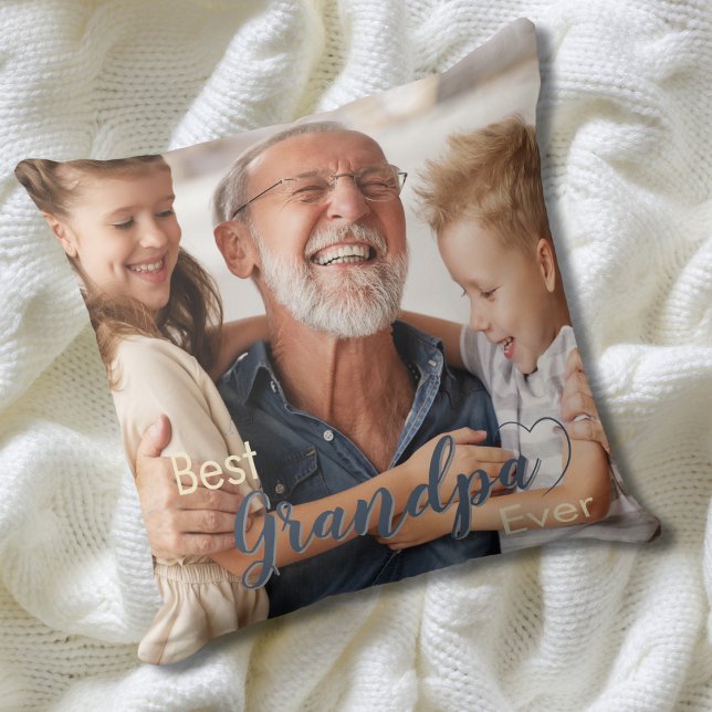 Best Grandpa Ever Denim Blue Two Photos Throw Pillow (Creator Uploaded)