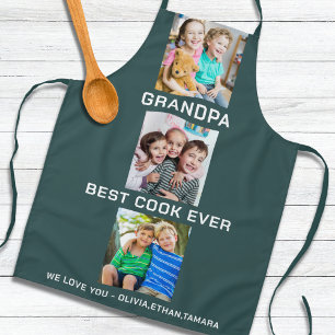 Best Grandpa Ever Grandkids 3 Photo Collage Green Apron