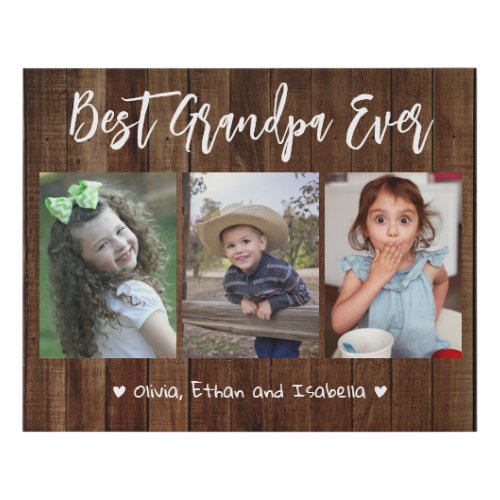 Best Grandpa Ever Grandkids Wood 3 Photo Collage   Faux Canvas Print