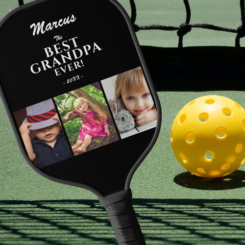 Best Grandpa Ever Keepsake 3 Photo Black  Pickleball Paddle