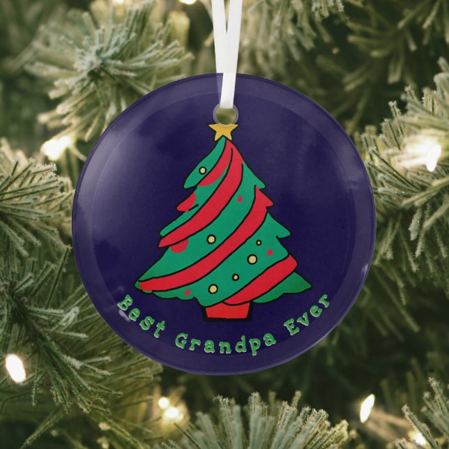 Best Grandpa Ever | Navy Blue Christmas Tree Glass Ornament (Insitu)