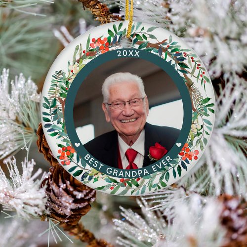 Best Grandpa Ever Photo Christmas Floral Ceramic Ornament