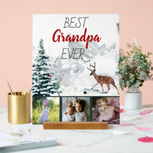 Best Grandpa Ever Rustic Winter Scene Deer 3 Photo Acrylic Sign