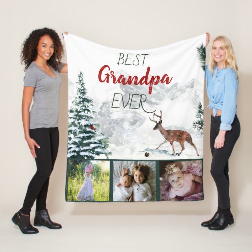 Best Grandpa Ever Rustic Winter Scene Deer 3 Photo Fleece Blanket