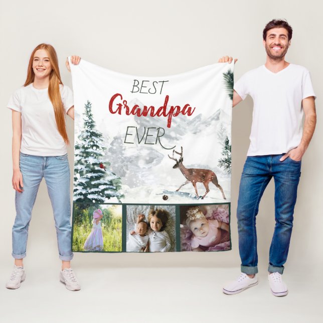 Best Grandpa Ever Rustic Winter Scene Deer 3 Photo Fleece Blanket (In Situ)