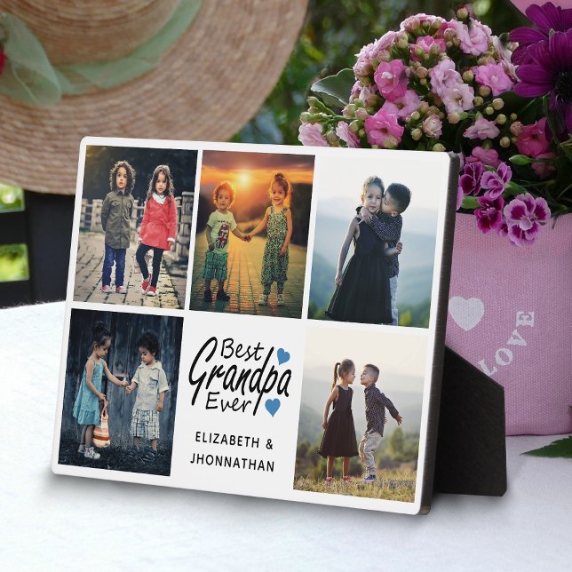 Best Grandpa Ever Script Blue Heart Photo Collage Plaque (Creator Uploaded)