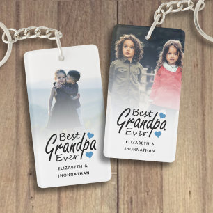 Best Grandpa Ever Script Name Blue Heart and Photo Keychain