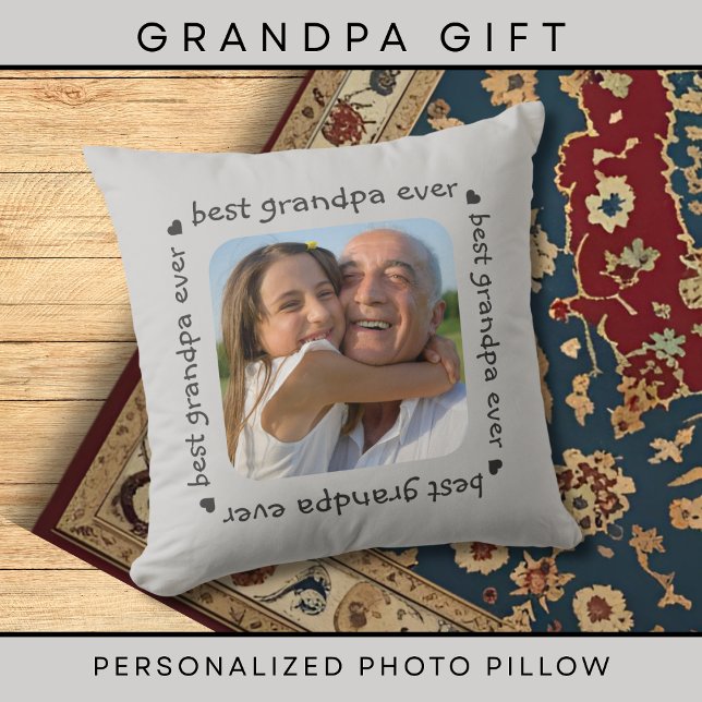 Best Grandpa Ever Typography Photo Frame Gray Throw Pillow (Creator Uploaded)