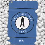 Best Grandpa Golfer Monogrammed Sports Blue Black Golf Towel<br><div class="desc">Humorous custom design features a male golfer silhouette set in a black and white shape bordered with curved text "Best Grandpa By Par!" in crisp white font on a trendy blue blackground. You will also find a modern template for a monogrammed name, initials or custom text. If you have any...</div>