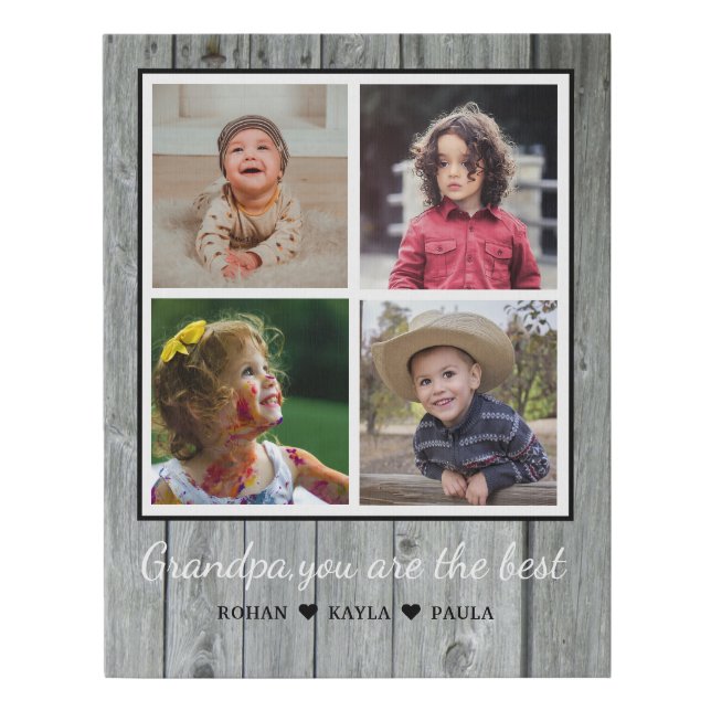 Best Grandpa Grandchildren 4 Photo Collage Gray Faux Canvas Print (Front)