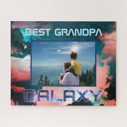 Best Grandpa Photo Typography Galaxy Blue Glitter Jigsaw Puzzle