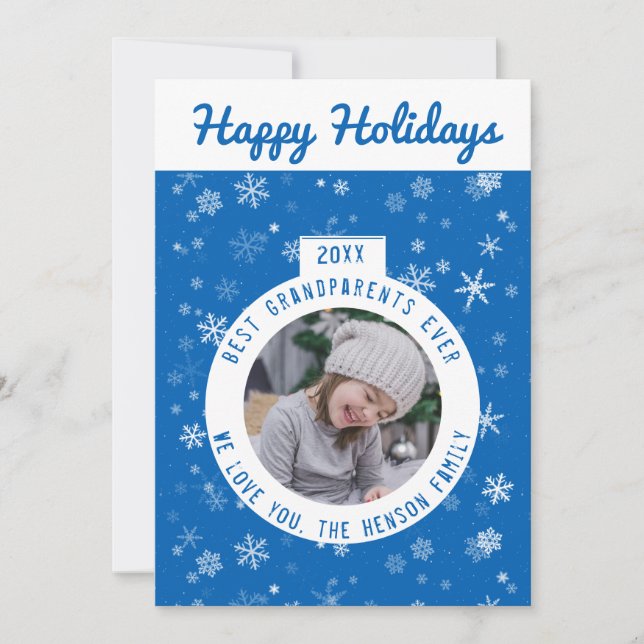 Best Grandparents Blue Snowflake Ball Photo Holiday Card (Front)