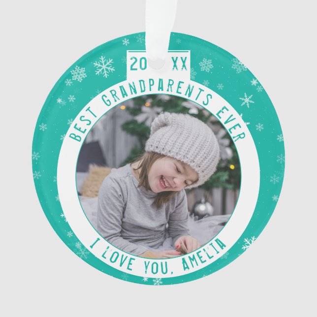 Best Grandparents Snowflake Green Keepsake Photo Ornament (Front)