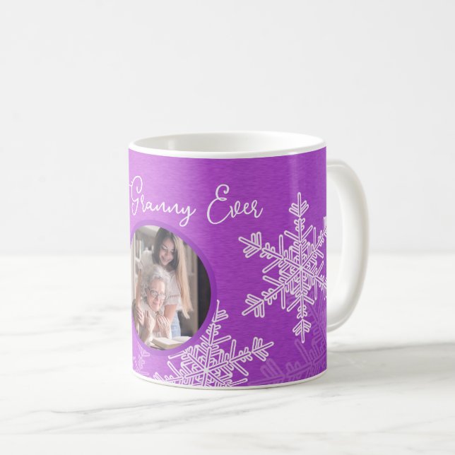Best Granny Ever Purple Snowflakes Minimalist text Coffee Mug (Front Right)