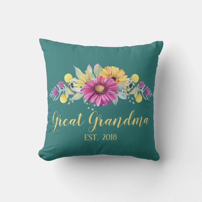 Best Great Grandma Elegant Teal Floral Daisy Throw Pillow (Front)