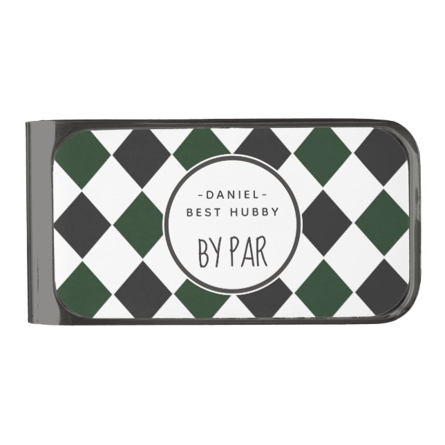 Best Hubby by Par Green Plaid with Name Gunmetal Finish Money Clip (Front)