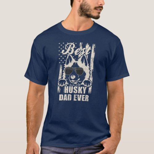 Best Husky Dad Ever Vintage Retro Flag Dog Dad  T_Shirt