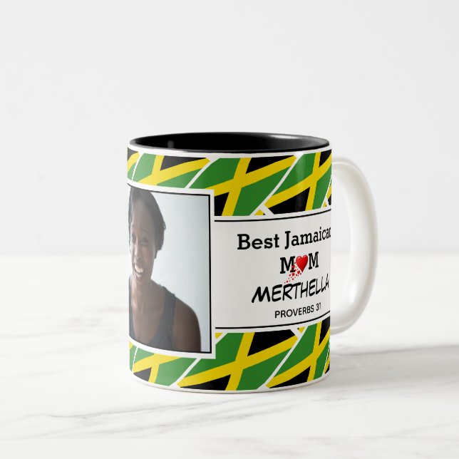 BEST JAMAICAN MOM Personalized JAMAICA Flag Photo Two-Tone Coffee Mug (Front Right)