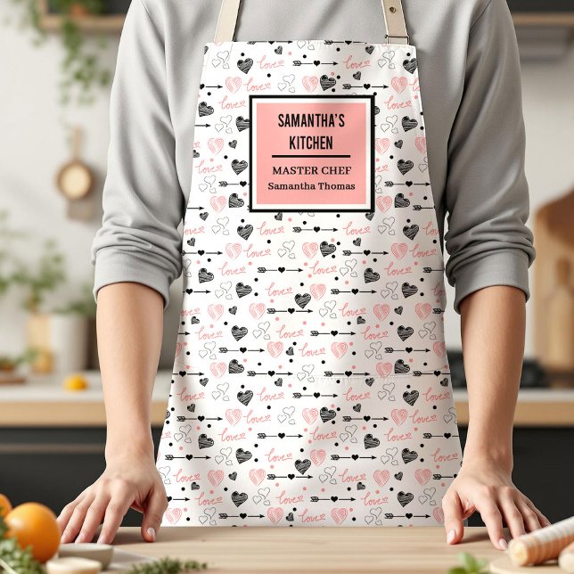 Best Love Gift Apron Pink Black Hearts Love Letter (Best Love Gift Apron Pink Black Hearts Love Lettering)