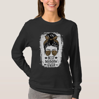 Best Mamaw Ever Women Messy Bun Leopard Decor Gran T-Shirt