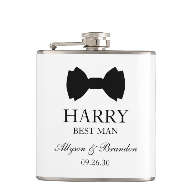 Best Man Black Bow Tie Flask (Front)