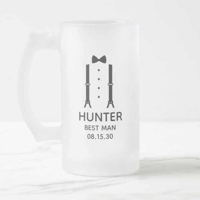 Best Man Black Bow Tie Frosted Glass Beer Mug (Left)