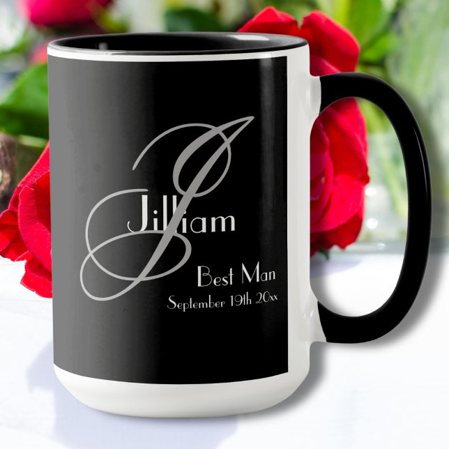 Best Man Black White Gray Monogram + Name + Date Mug (A wonderful gift for your Best Man. Black, White & Gray Design with Monogram plus Name and Date Mug.)