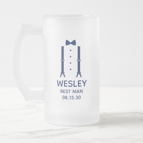 Best Man Blue Bow Tie Frosted Glass Beer Mug