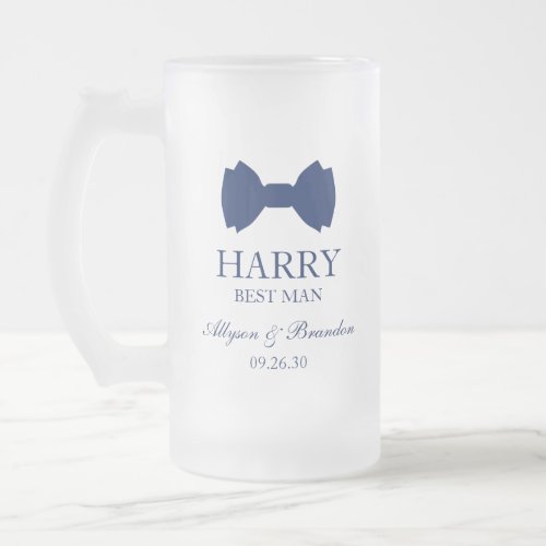 Best Man Blue Bow Tie Frosted Glass Beer Mug