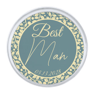 Best Man Blue & Cream Leaf Wedding Silver Finish Lapel Pin