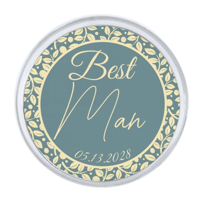 Best Man Blue & Cream Leaf Wedding Silver Finish Lapel Pin (Front)