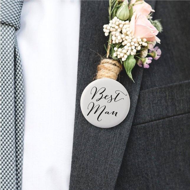 Best Man Classic Calligraphy Wedding Bridal Party Pinback Button ('Best Man' Classic Script Calligraphy Wedding Rehearsal Pin Button @ fatfatin_blue_knot)