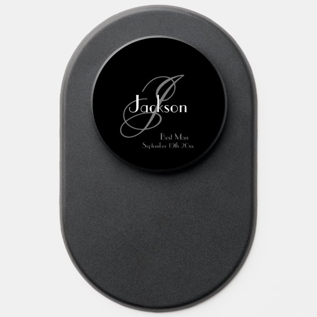 Best Man Classic Gray Monogram Detail White Name PopSocket (Popsocket)