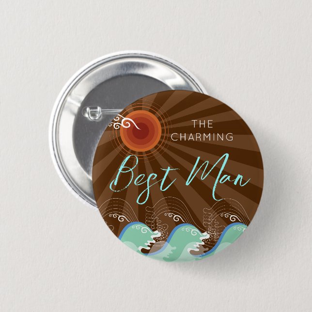 BEST MAN Cool Waves & Brown Sun Chic Beach Wedding Button (Front & Back)