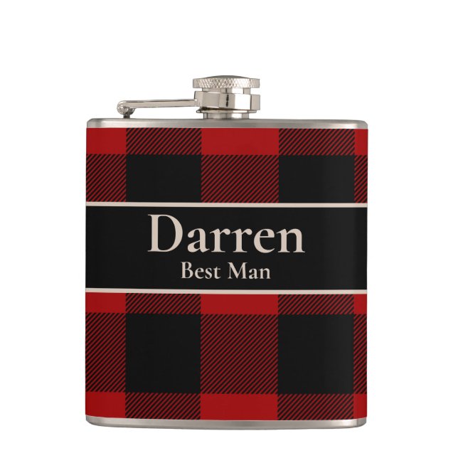 Best Man Custom Name on Buffalo Plaid Flask (Front)